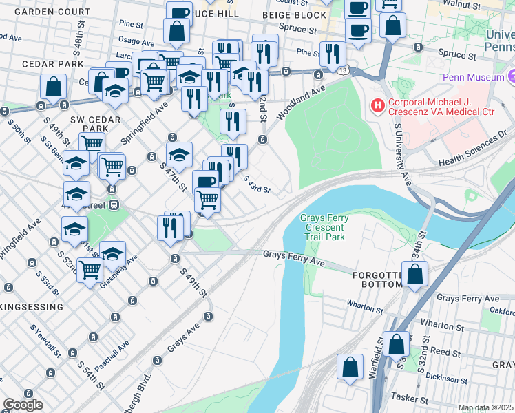 map of restaurants, bars, coffee shops, grocery stores, and more near 1374 South 45th Street in Philadelphia