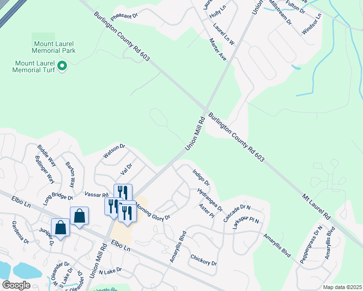 map of restaurants, bars, coffee shops, grocery stores, and more near 1 Buckingham Way in Mount Laurel Township