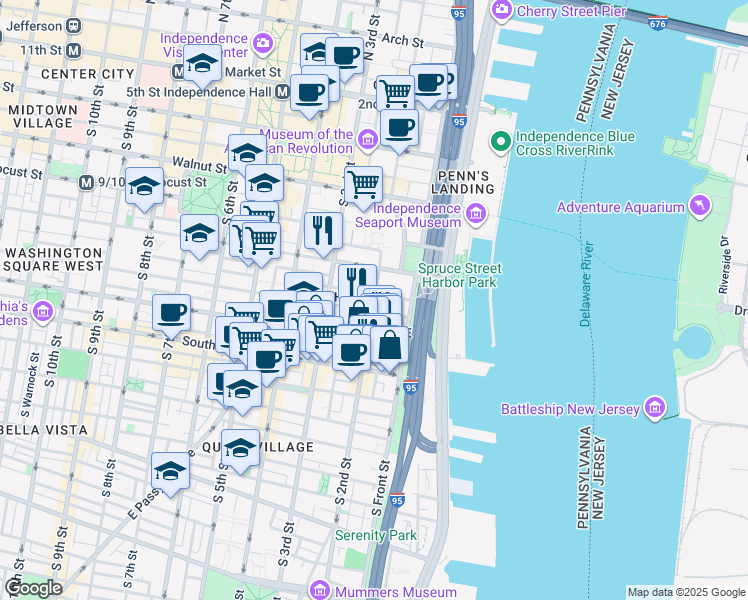 map of restaurants, bars, coffee shops, grocery stores, and more near 317 South 2nd Street in Philadelphia