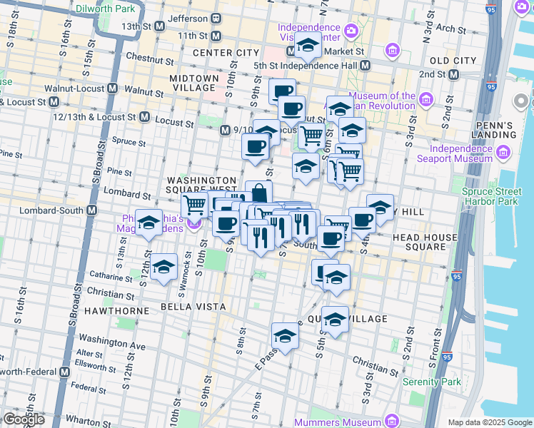 map of restaurants, bars, coffee shops, grocery stores, and more near 725 Lombard Street in Philadelphia