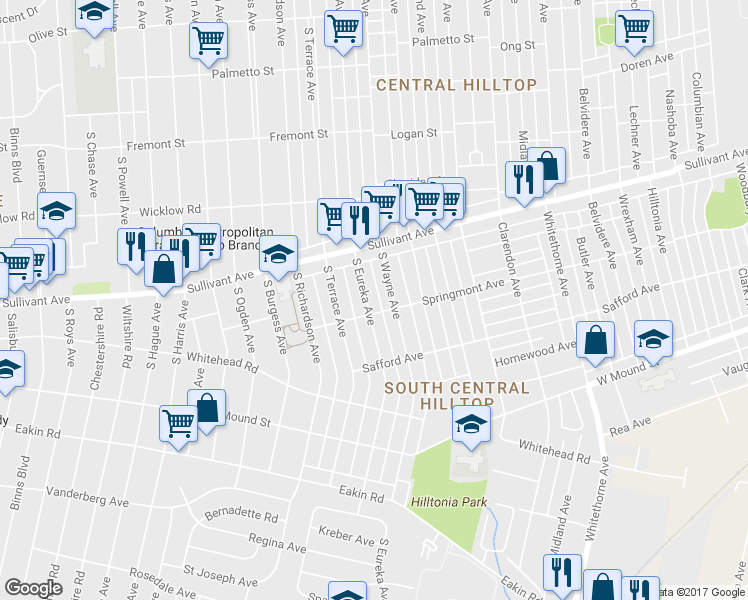 map of restaurants, bars, coffee shops, grocery stores, and more near 574 South Eureka Avenue in Columbus