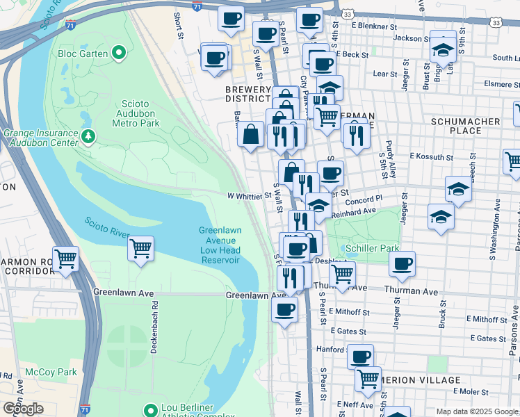 map of restaurants, bars, coffee shops, grocery stores, and more near 901 Lower Scioto Greenway in Columbus