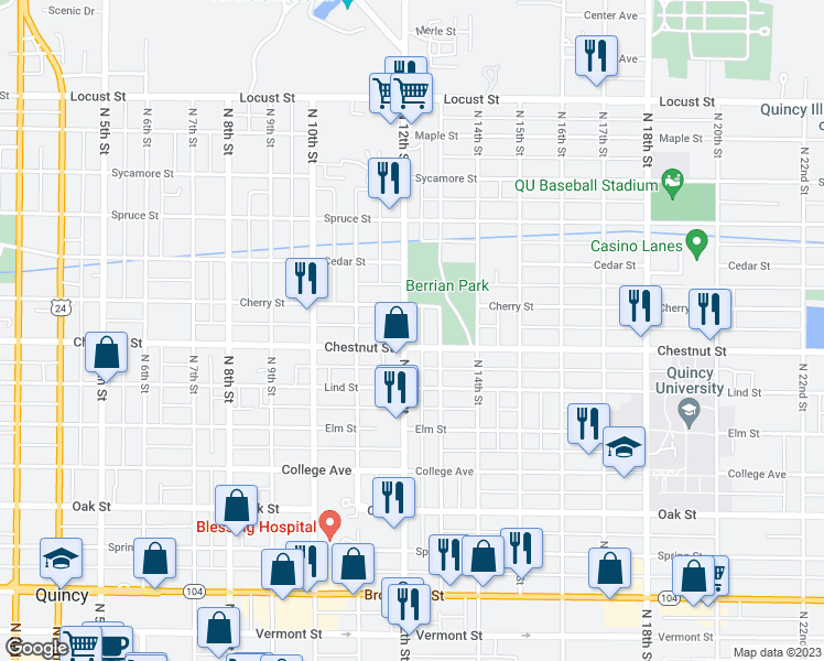 map of restaurants, bars, coffee shops, grocery stores, and more near 1012 North 12th Street in Quincy