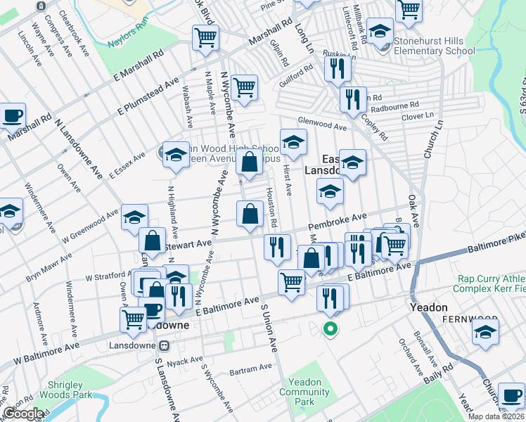 map of restaurants, bars, coffee shops, grocery stores, and more near 26 Lamport Road in Delaware County