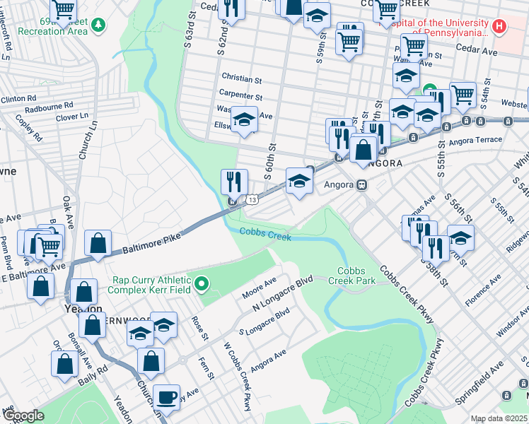 map of restaurants, bars, coffee shops, grocery stores, and more near 6048 Cedarhurst Street in Philadelphia