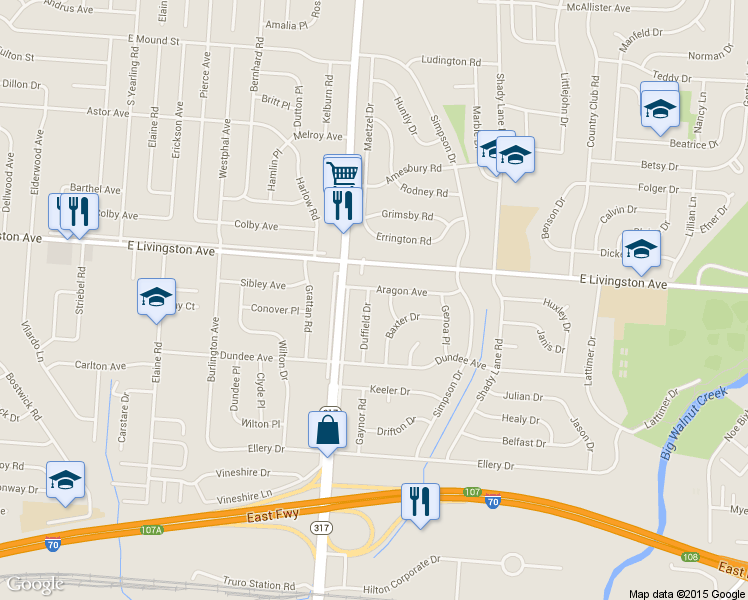map of restaurants, bars, coffee shops, grocery stores, and more near 1540 Duffield Dr in Columbus