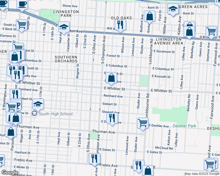 map of restaurants, bars, coffee shops, grocery stores, and more near E Whittier St & Oakwood Ave in Columbus