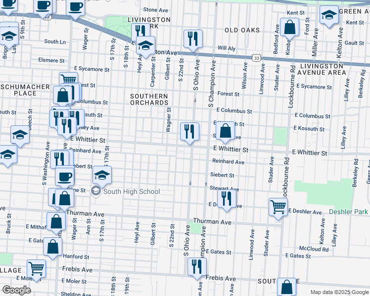 map of restaurants, bars, coffee shops, grocery stores, and more near 899 East Whittier Street in Columbus