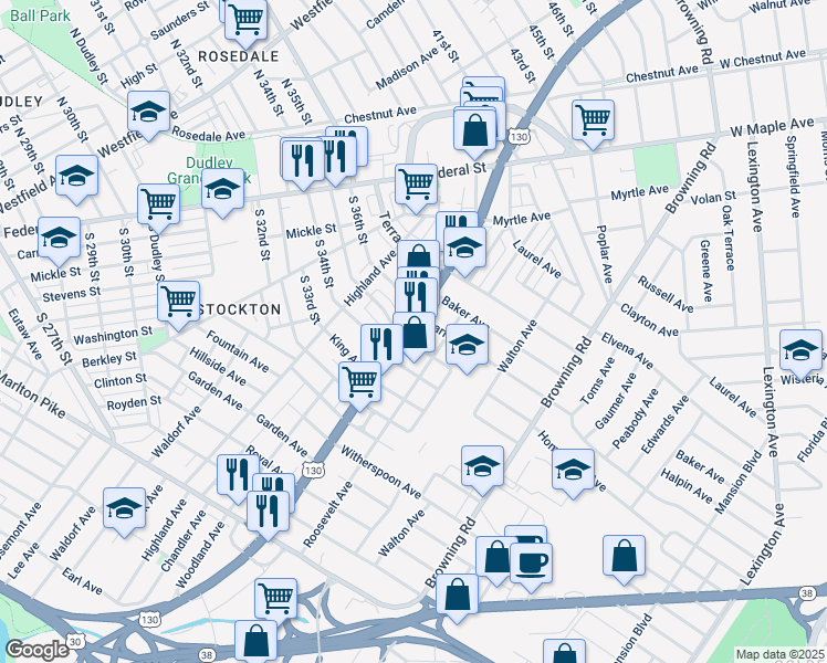 map of restaurants, bars, coffee shops, grocery stores, and more near 5720 U.S. 130 in Pennsauken Township