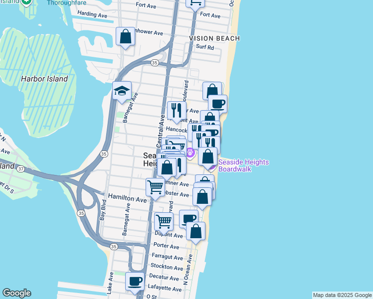 map of restaurants, bars, coffee shops, grocery stores, and more near 908 Ocean Boulevard in Seaside Heights