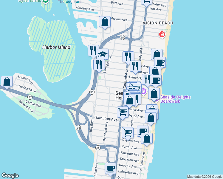 map of restaurants, bars, coffee shops, grocery stores, and more near 328 Grant Avenue in Seaside Heights