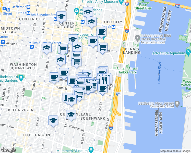 map of restaurants, bars, coffee shops, grocery stores, and more near in Philadelphia