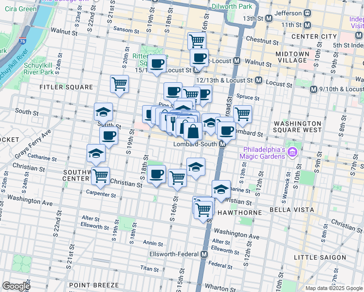 map of restaurants, bars, coffee shops, grocery stores, and more near 1616 Kater Street in Philadelphia