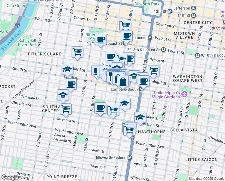 map of restaurants, bars, coffee shops, grocery stores, and more near 1619 Bainbridge Street in Philadelphia