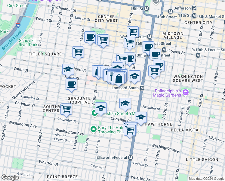 map of restaurants, bars, coffee shops, grocery stores, and more near 1615 Bainbridge Street in Philadelphia