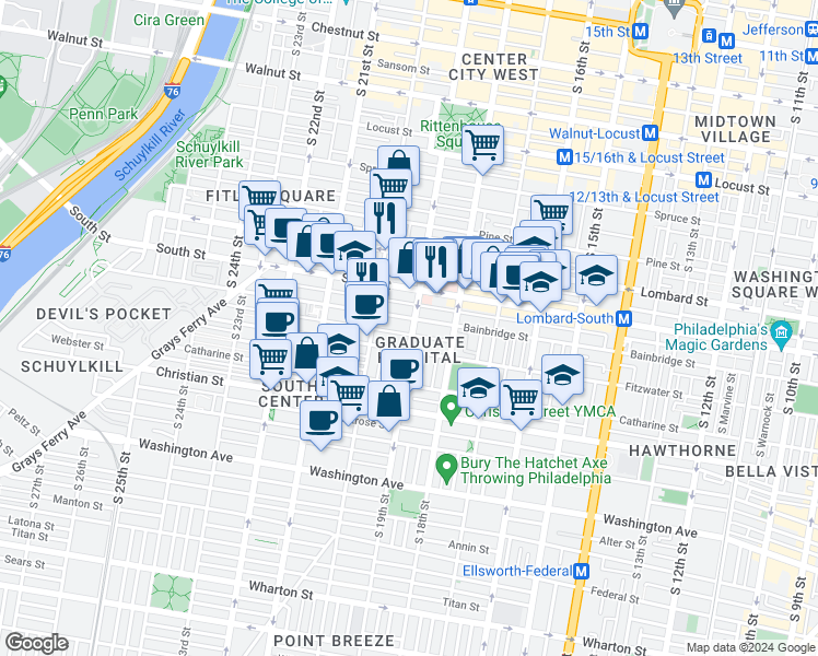 map of restaurants, bars, coffee shops, grocery stores, and more near 710 South 19th Street in Philadelphia