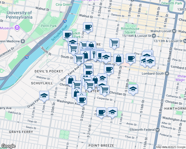 map of restaurants, bars, coffee shops, grocery stores, and more near 2131 Fitzwater Street in Philadelphia