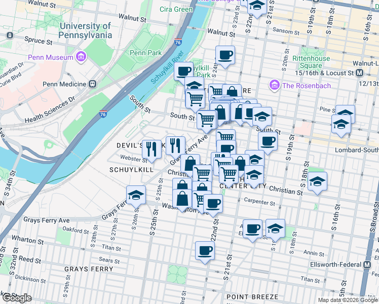 map of restaurants, bars, coffee shops, grocery stores, and more near 2324 Fitzwater Street in Philadelphia