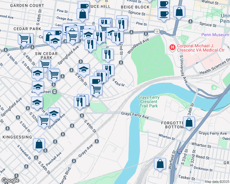 map of restaurants, bars, coffee shops, grocery stores, and more near 1364 South Melville Street in Philadelphia