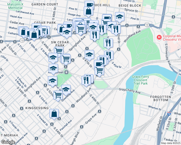 map of restaurants, bars, coffee shops, grocery stores, and more near 1242 South 47th Street in Philadelphia