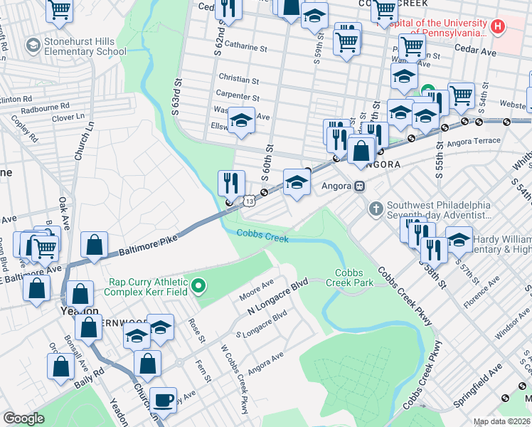 map of restaurants, bars, coffee shops, grocery stores, and more near 6048 Cedarhurst Street in Philadelphia