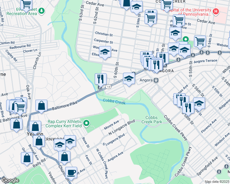 map of restaurants, bars, coffee shops, grocery stores, and more near 6048 Cedarhurst Street in Philadelphia