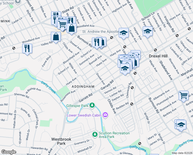 map of restaurants, bars, coffee shops, grocery stores, and more near 4122 Taylor Avenue in Drexel Hill
