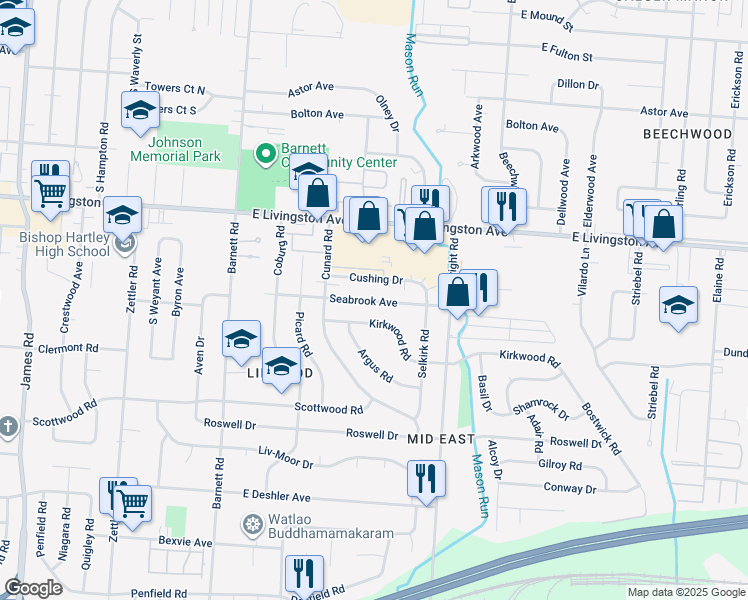 map of restaurants, bars, coffee shops, grocery stores, and more near 3566 Seabrook Avenue in Columbus