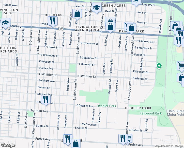 map of restaurants, bars, coffee shops, grocery stores, and more near 1340 East Whittier Street in Columbus