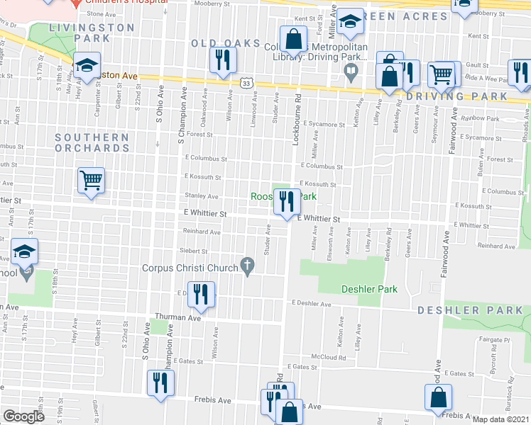 map of restaurants, bars, coffee shops, grocery stores, and more near 1174 East Whittier Street in Columbus