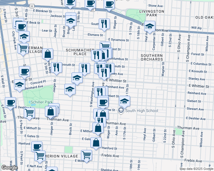 map of restaurants, bars, coffee shops, grocery stores, and more near 987 Parsons Avenue in Columbus