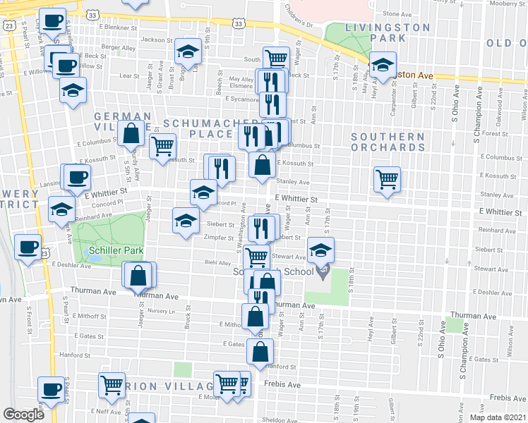 map of restaurants, bars, coffee shops, grocery stores, and more near 987 Parsons Avenue in Columbus