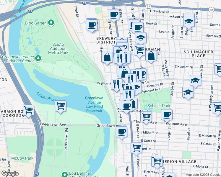 map of restaurants, bars, coffee shops, grocery stores, and more near 901 Lower Scioto Greenway in Columbus