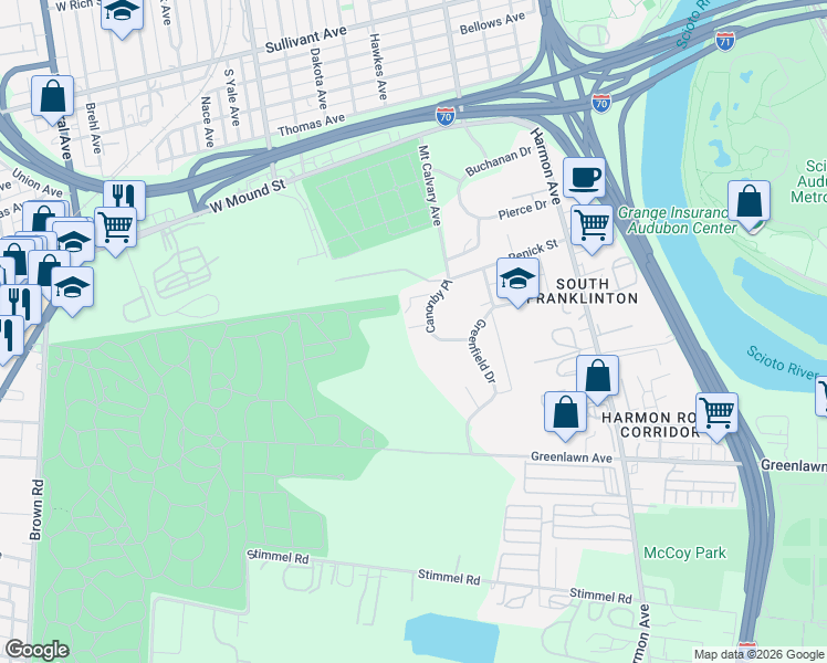 map of restaurants, bars, coffee shops, grocery stores, and more near 761 Canonby Place in Columbus