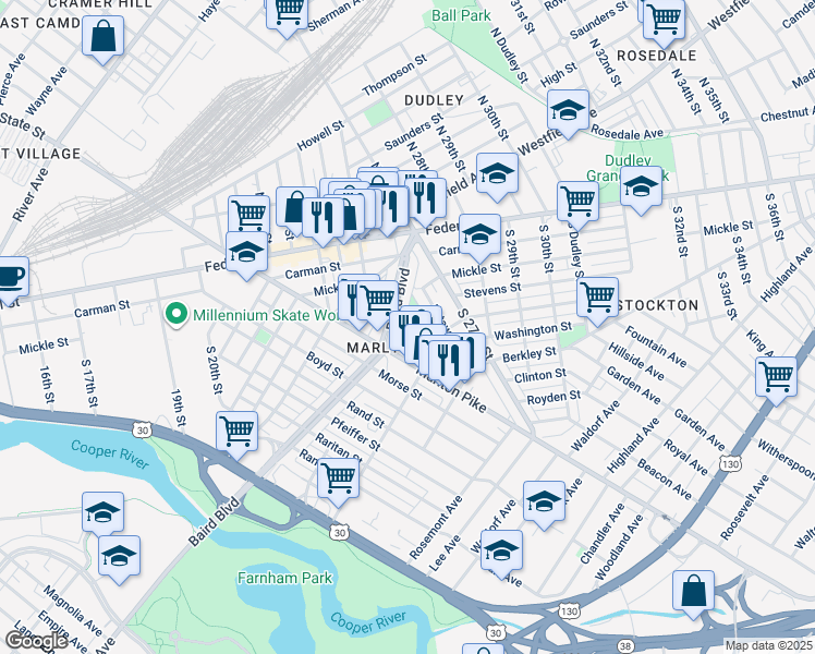 map of restaurants, bars, coffee shops, grocery stores, and more near 230 Grand Avenue in Camden