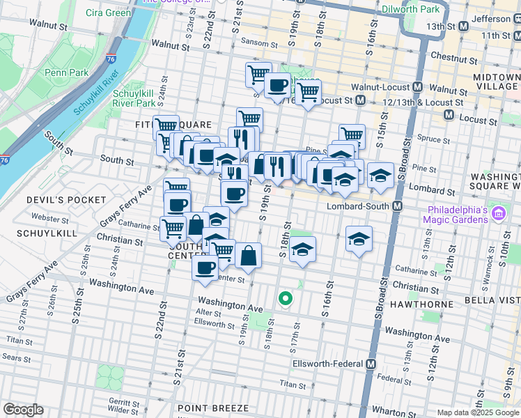 map of restaurants, bars, coffee shops, grocery stores, and more near 708 South 19th Street in Philadelphia