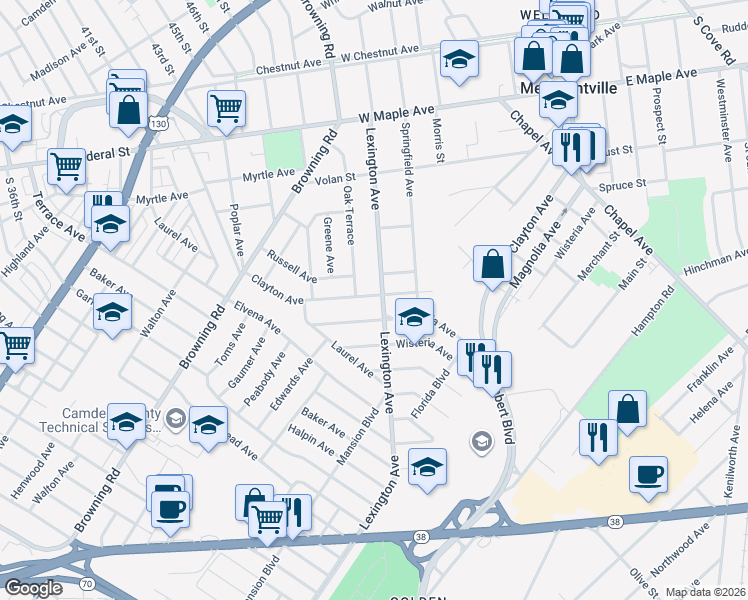 map of restaurants, bars, coffee shops, grocery stores, and more near 4903 Lexington Avenue in Pennsauken Township