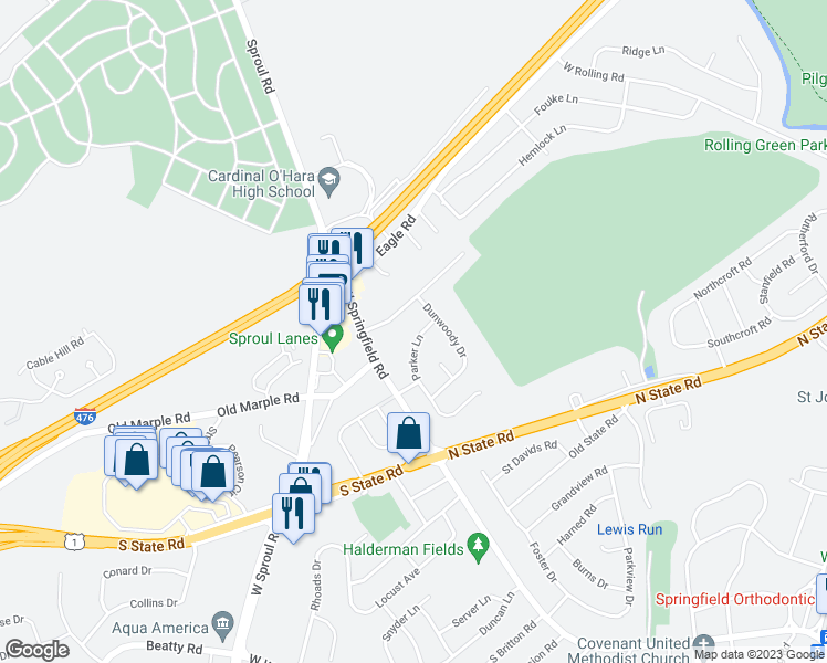 map of restaurants, bars, coffee shops, grocery stores, and more near 788 Parker Lane in Springfield