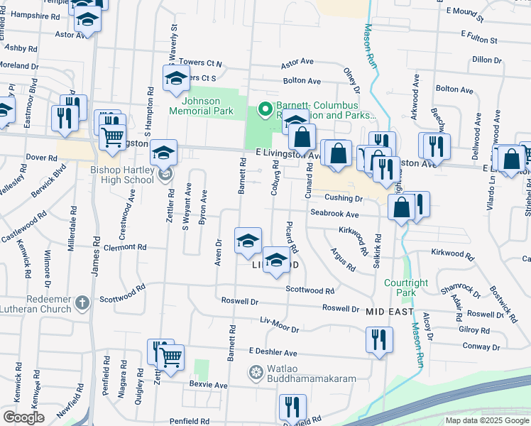 map of restaurants, bars, coffee shops, grocery stores, and more near 3393 Seabrook Avenue in Columbus