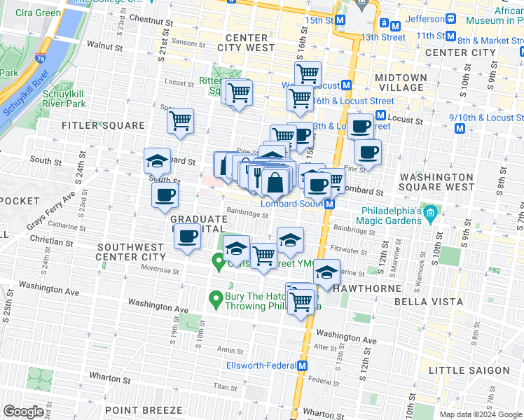 map of restaurants, bars, coffee shops, grocery stores, and more near 1619 Bainbridge Street in Philadelphia