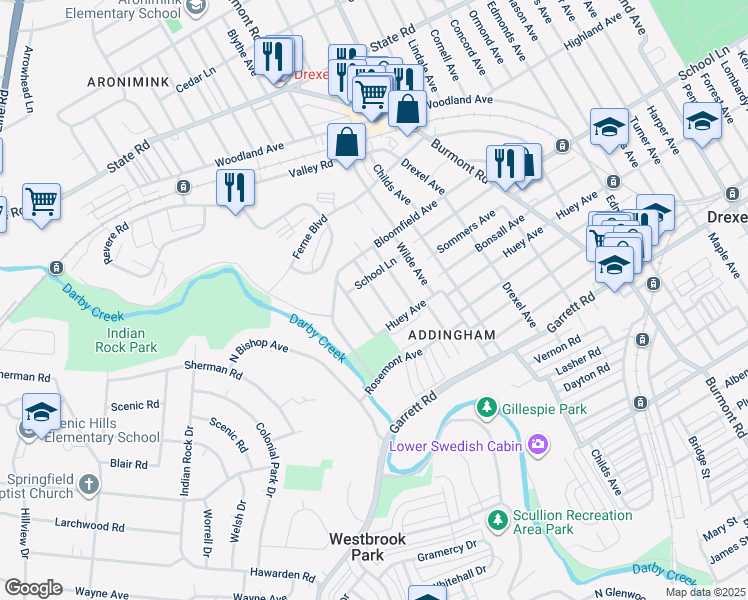 map of restaurants, bars, coffee shops, grocery stores, and more near 520 Alexander Avenue in Drexel Hill