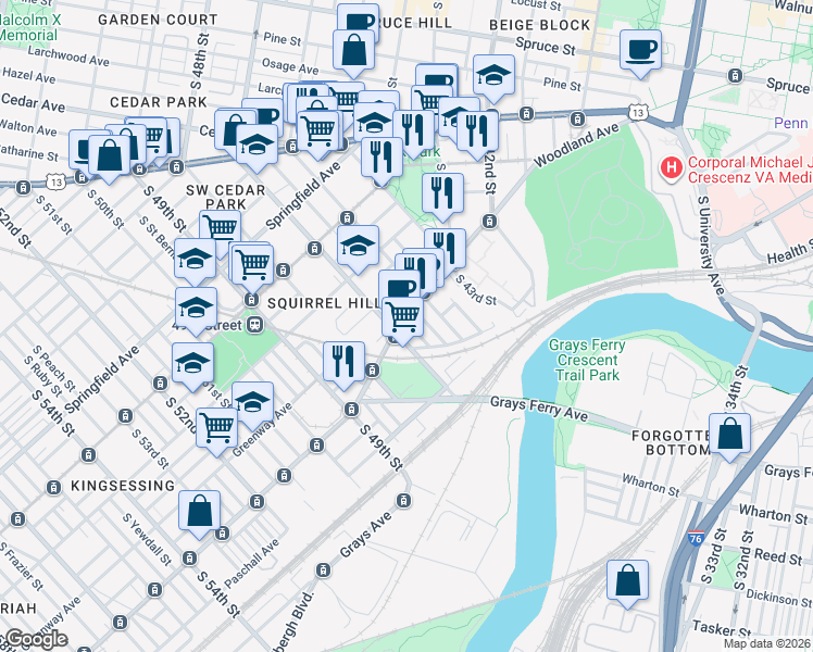 map of restaurants, bars, coffee shops, grocery stores, and more near 4620 Woodland Avenue in Philadelphia