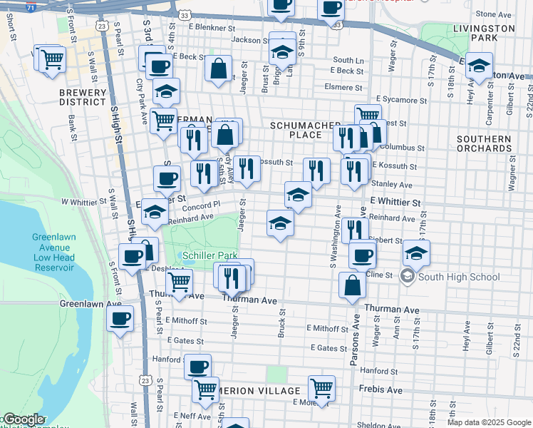 map of restaurants, bars, coffee shops, grocery stores, and more near 289 Reinhard Avenue in Columbus