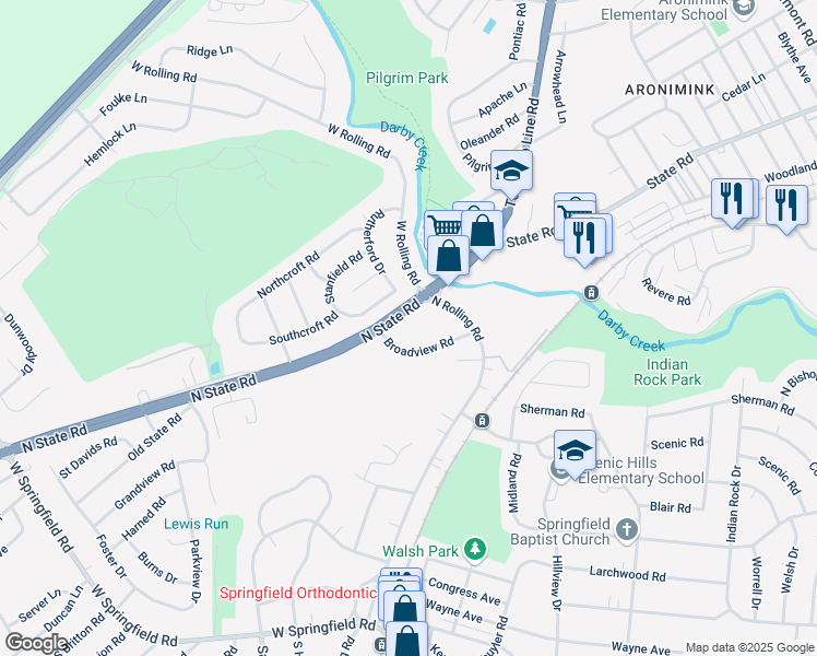 map of restaurants, bars, coffee shops, grocery stores, and more near 459 North State Road in Springfield