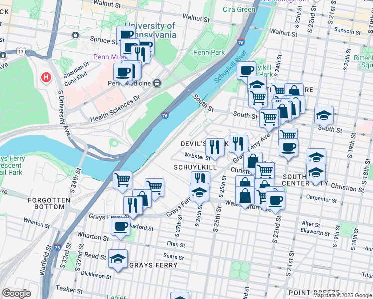 map of restaurants, bars, coffee shops, grocery stores, and more near 801 Schuylkill Avenue in Philadelphia