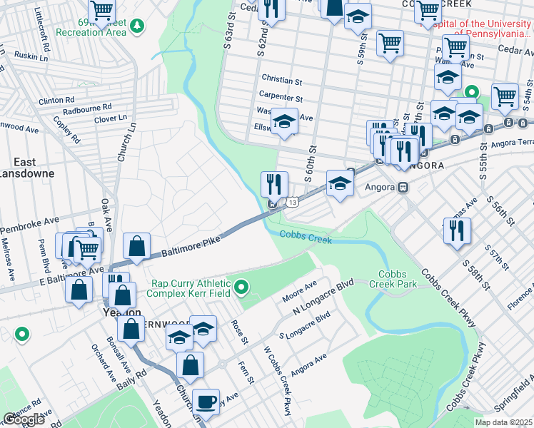 map of restaurants, bars, coffee shops, grocery stores, and more near 6740 Baltimore Avenue in Philadelphia