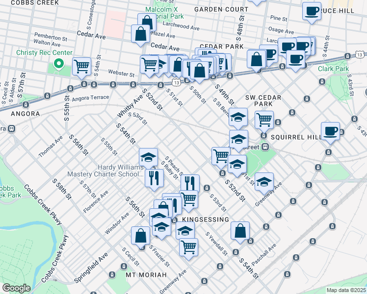 map of restaurants, bars, coffee shops, grocery stores, and more near 5221 Warrington Avenue in Philadelphia