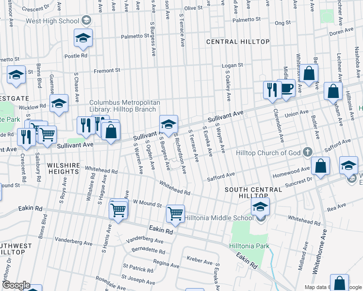 map of restaurants, bars, coffee shops, grocery stores, and more near 566 South Richardson Avenue in Columbus