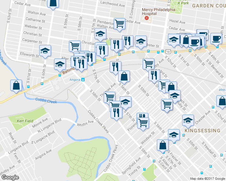 map of restaurants, bars, coffee shops, grocery stores, and more near 5643 Elliott Street in Philadelphia