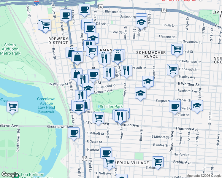 map of restaurants, bars, coffee shops, grocery stores, and more near 180 Reinhard Avenue in Columbus